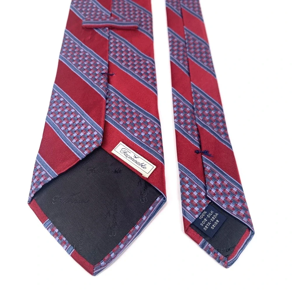 Faconnable Mens Tie Red Geometric Striped‎ Repp Design 100% Silk XL